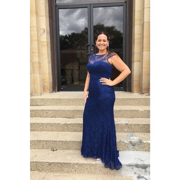 THEIA Dark Blue Metallic Floral Lace Overlay Shimmering Element Gown Size 6 - Picture 4 of 16